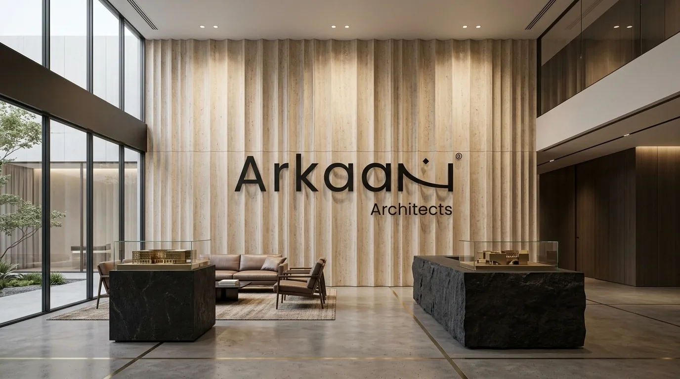 Arkan Architects reception gallery with stone sample library