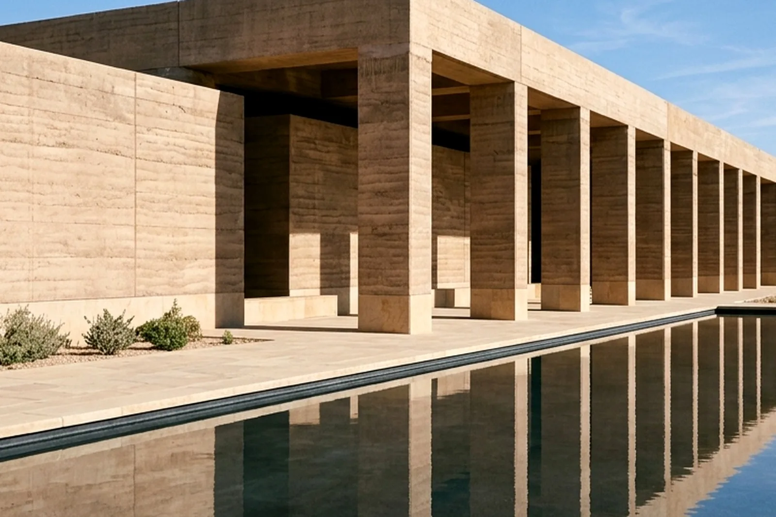 Rammed earth texture and column rhythm