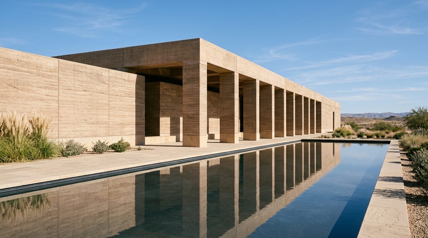Al Rawda Cultural Center monumental rammed earth colonnades