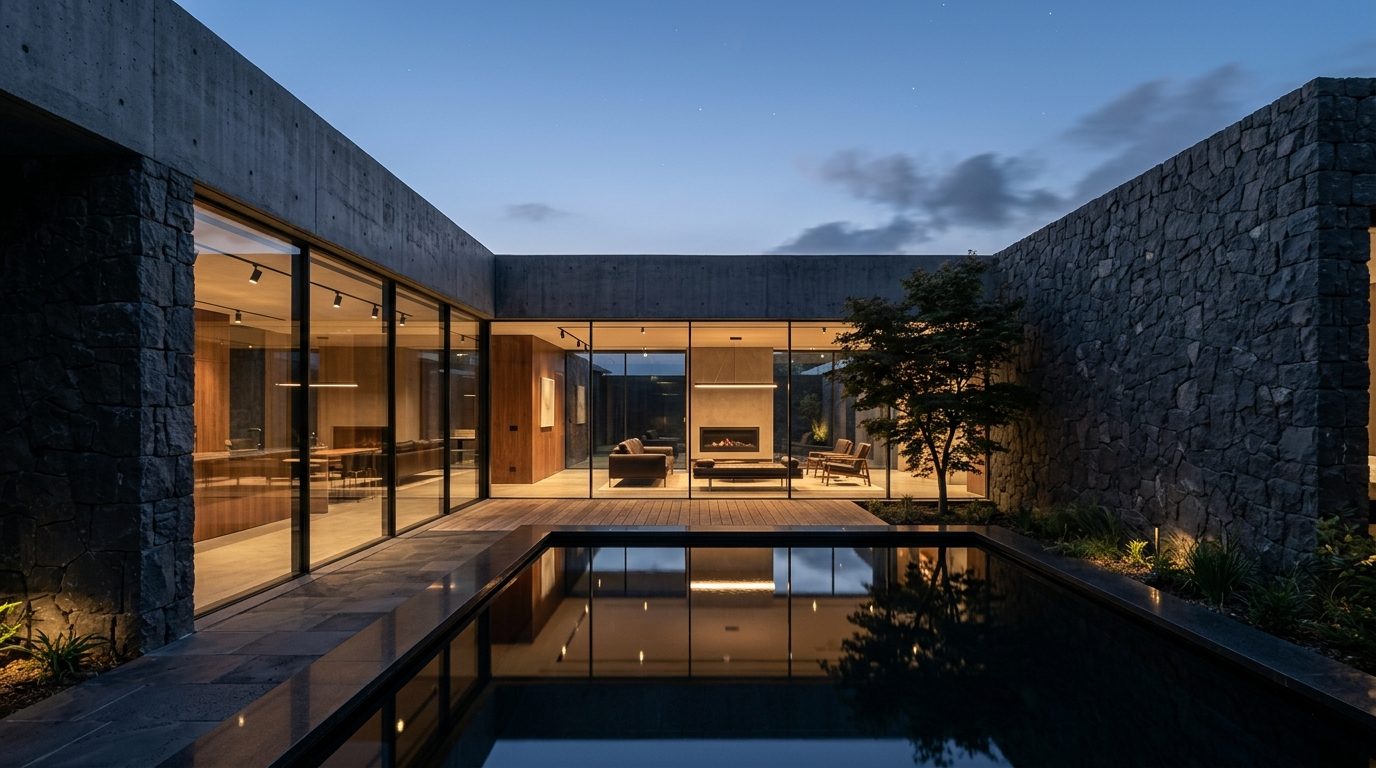 Graphite Studio Residence basalt courtyard villa with reflection pool