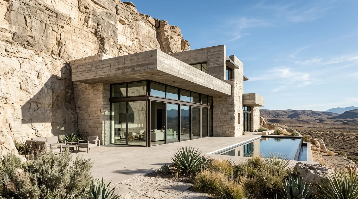 House in the Quarry monolithic concrete residence carved into cliff face