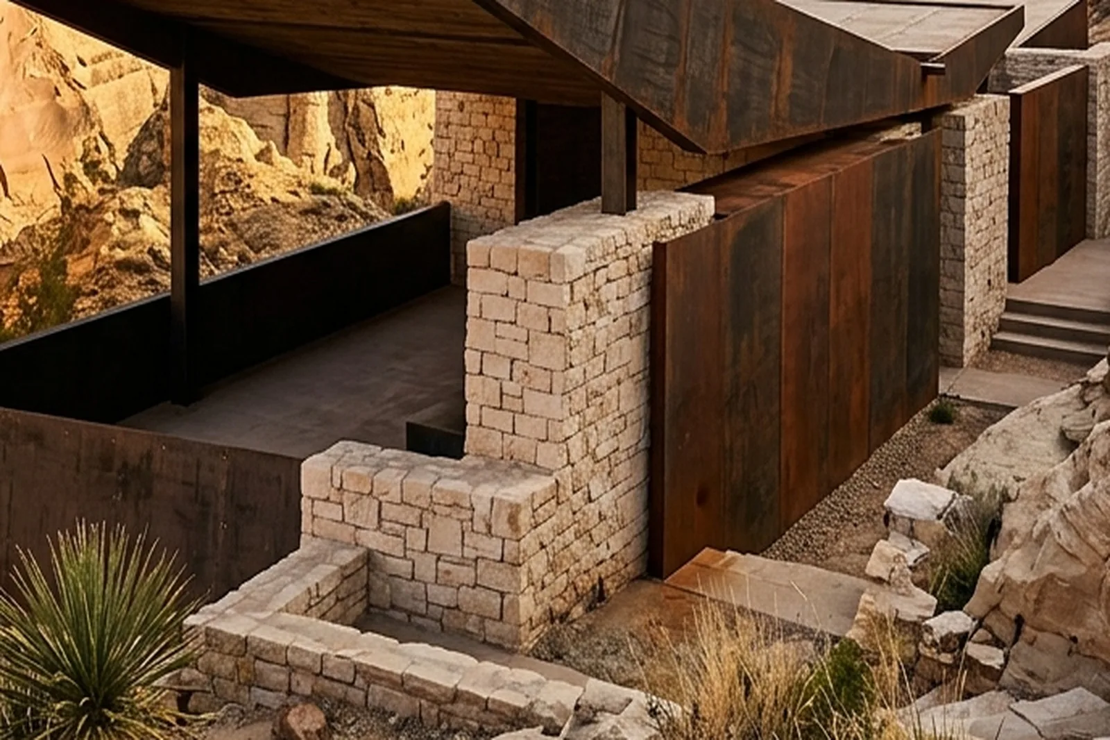 Sandstone and bronze joinery detail