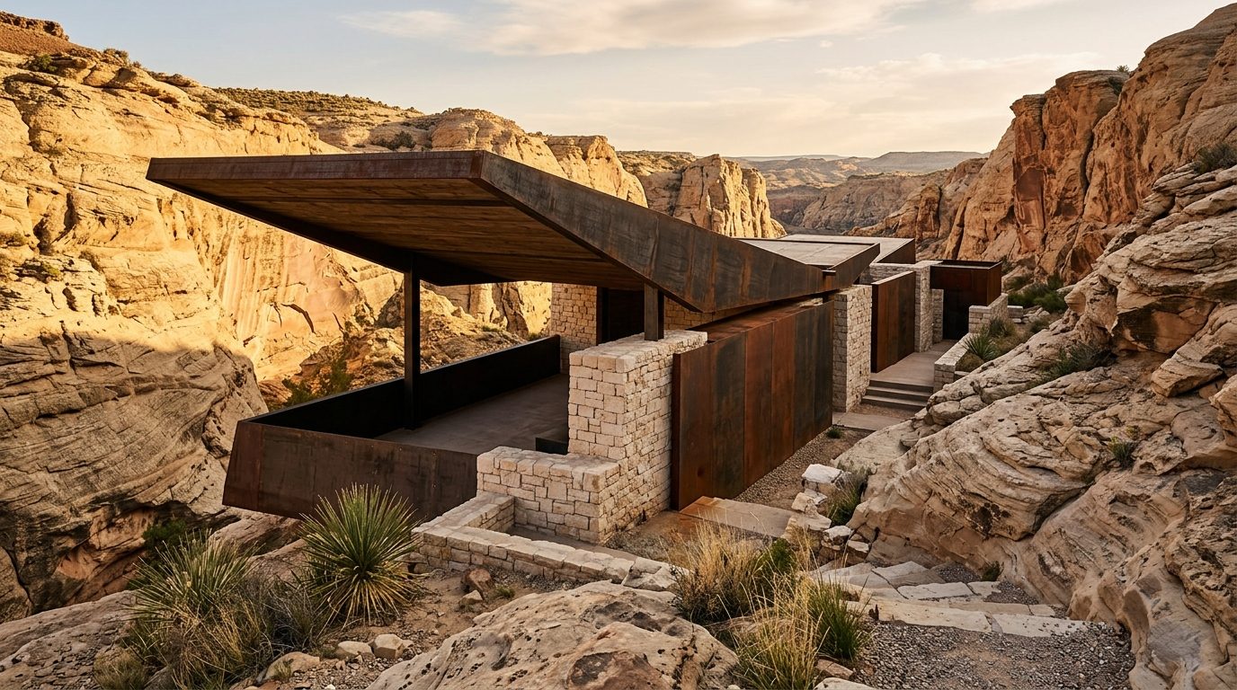 Wadi Pavilion weathered steel and limestone cantilever in canyon